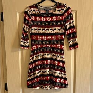 Just One You Red Fair Isle Fit-and-Flare Long Sleeve Dress